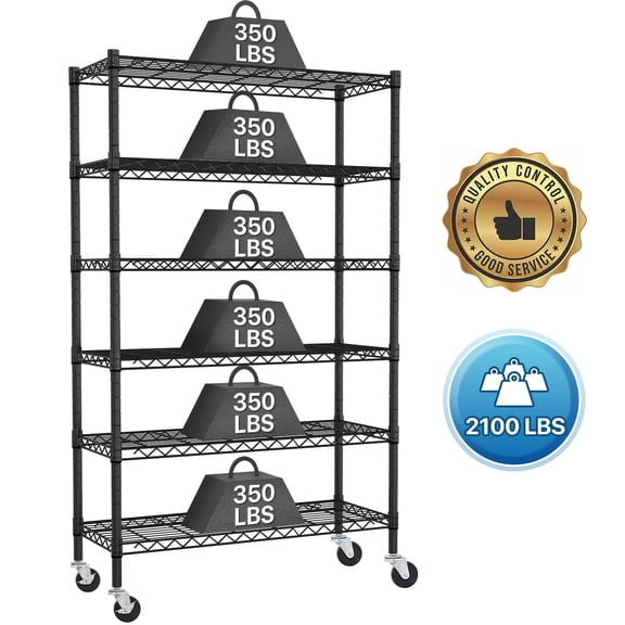 NiamVelo 6 Tier Wire Shelving Unit with Wheels 2100 LBS Heavy Duty Adjustable Metal Shelves Storage Shelves 45"x18"x82", Black