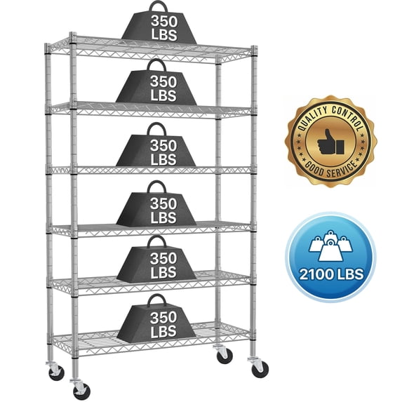 NiamVelo 6 Tier Wire Shelving Unit with Wheels 2100 LBS Heavy Duty Adjustable Metal Shelves Storage Shelves 45"x18"x82", Silver