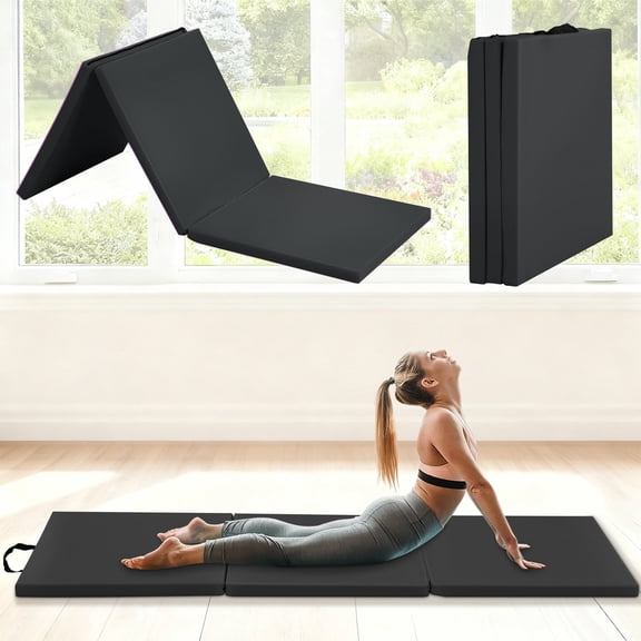 NiamVelo 6'x2'x1.5" Gymnastics Mat Folding Tumbling Mats 3-Fold Gymnastics Equipment PU Leather Exercise Mat Yoga Mat with Carrying Handles for Home Workout Outdoor, Black