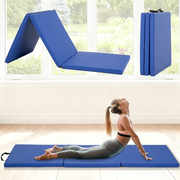 NiamVelo 6'x2'x1.5" Gymnastics Mat Folding Tumbling Mats 3-Fold Gymnastics Equipment PU Leather Exercise Mat Yoga Mat with Carrying Handles for Home Workout Outdoor, Blue