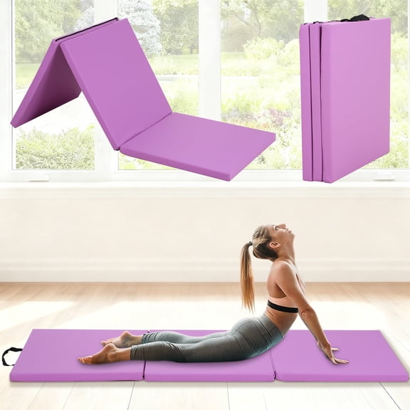 NiamVelo 6'x2'x1.5" Gymnastics Mat Folding Tumbling Mats 3-Fold Gymnastics Equipment PU Leather Exercise Mat Yoga Mat with Carrying Handles for Home Workout Outdoor,Purple