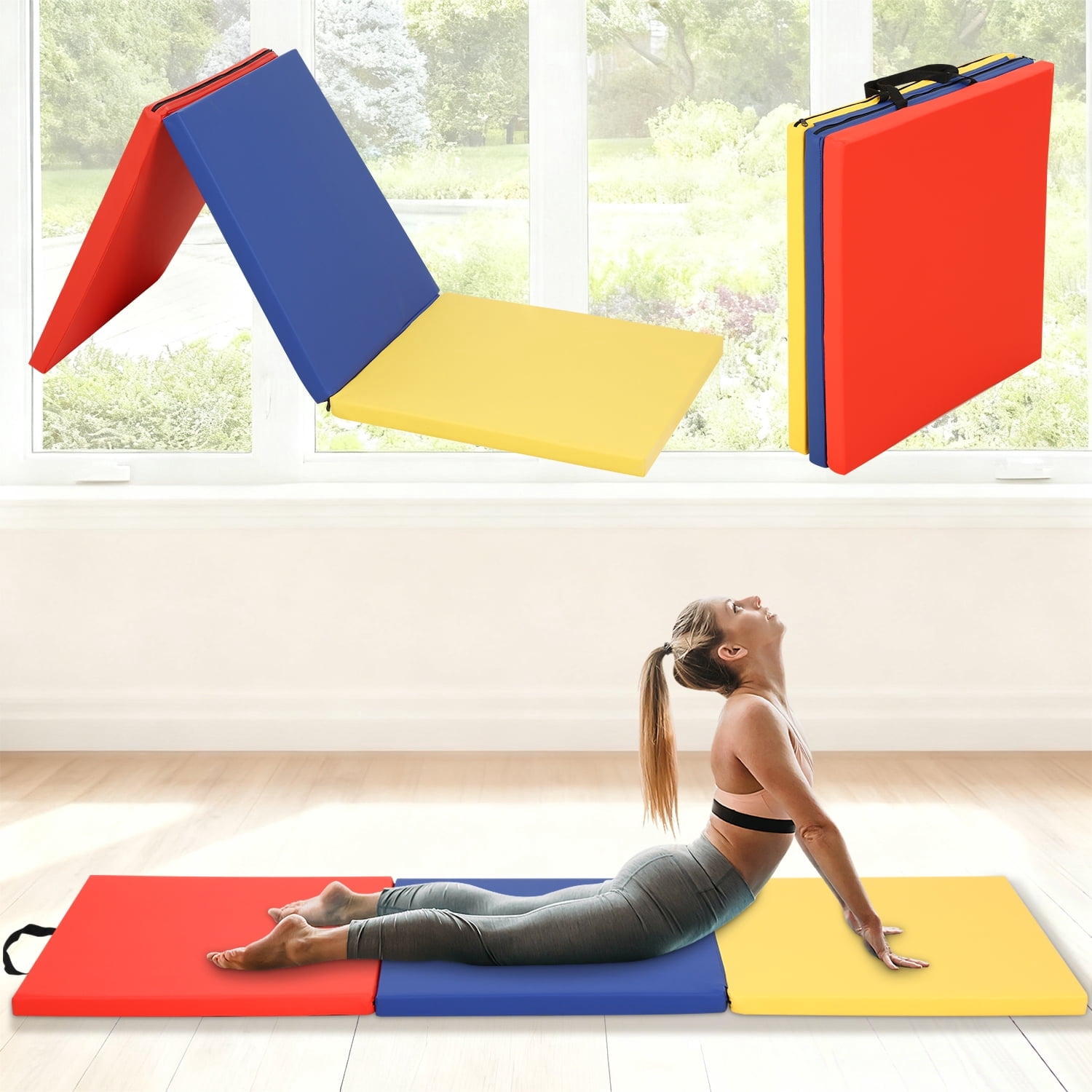 NiamVelo 6'x2'x1.5" Gymnastics Mat Folding Tumbling Mats 3-Fold Gymnastics Equipment PU Leather Exercise Mat Yoga Mat with Carrying Handles for Home Workout Outdoor, CM
