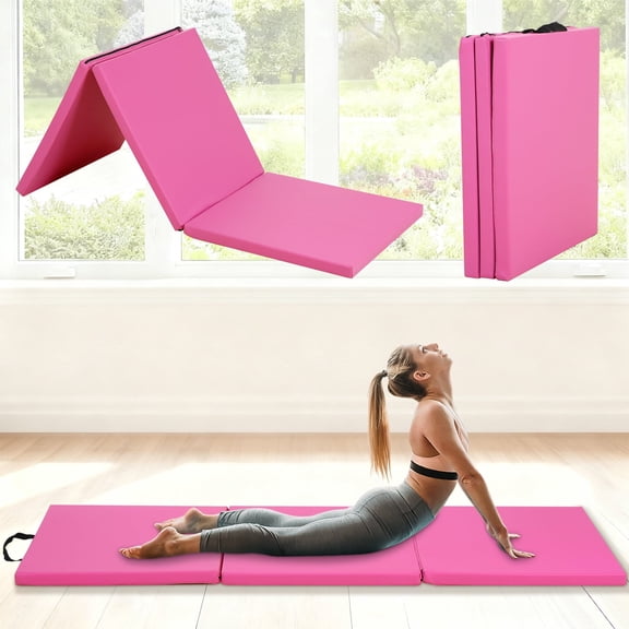 NiamVelo 6'x2'x1.5" Gymnastics Mat Folding Tumbling Mats 3-Fold Gymnastics Equipment PU Leather Exercise Mat Yoga Mat with Carrying Handles for Home Workout Outdoor,Pink