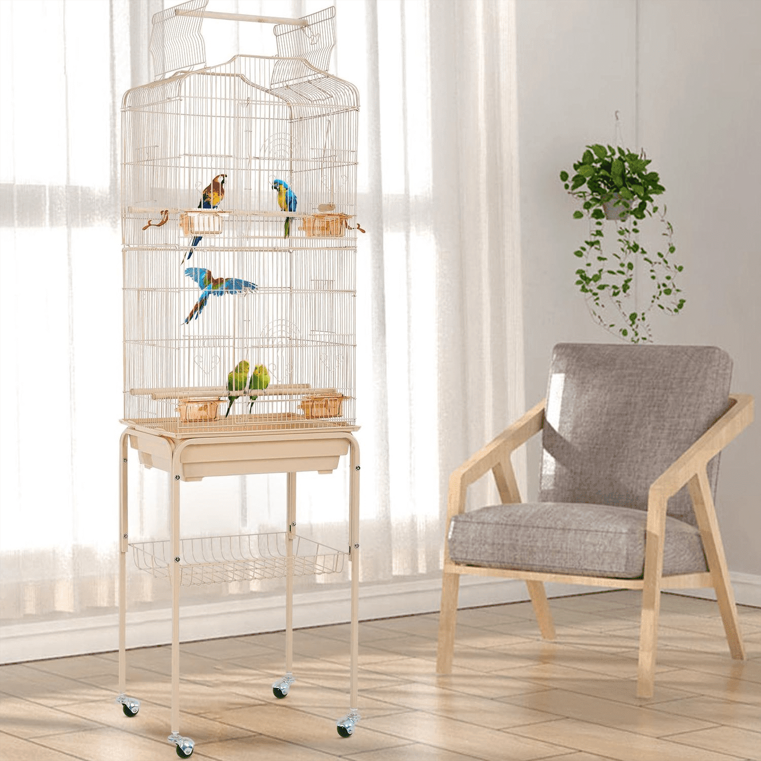 NiamVelo 64-inch Metal Bird Cage with Rolling Stand & Bottom Tray, Pet Storage Shelf Parrot Cage with Open Play Top for Lovebirds & Parakeets, Almond