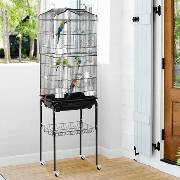 NiamVelo 64-inch Metal Bird Cage with Rolling Stand & Bottom Tray, Pet Storage Shelf Parrot Cage with Open Play Top for Lovebirds & Parakeets, Black