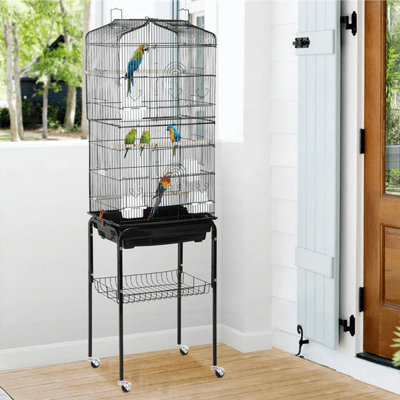 NiamVelo 64-inch Metal Bird Cage with Rolling Stand & Bottom Tray, Pet Storage Shelf Parrot Cage with Open Play Top for Lovebirds & Parakeets, Black