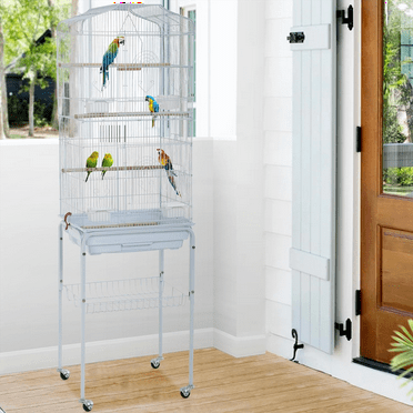 NiamVelo 64-inch Metal Bird Cage with Rolling Stand & Bottom Tray, Pet Storage Shelf Parrot Cage with Open Play Top for Lovebirds & Parakeets, White