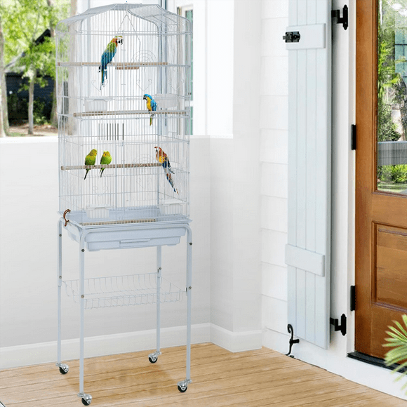 NiamVelo 64-inch Metal Bird Cage with Rolling Stand & Bottom Tray, Pet Storage Shelf Parrot Cage with Open Play Top for Lovebirds & Parakeets, White