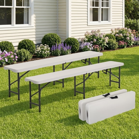 NiamVelo 6Ft Folding Bench Portable Bench Plastic Outdoor Bench Picnic Bench Camping Folding Chair with Carrying Handle for Picnic Camping Dining Party, White(2 Pack)