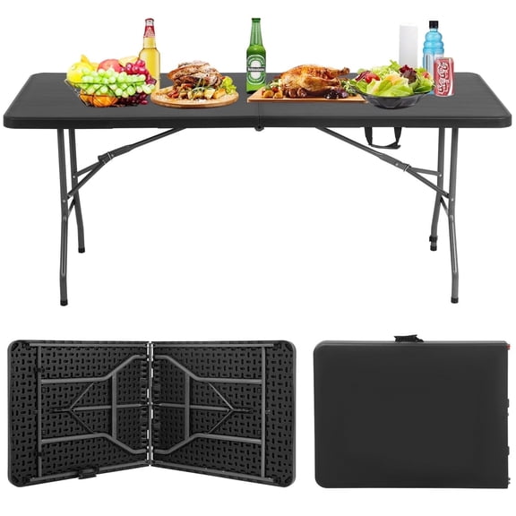 NiamVelo 6ft Folding Table Portable Plastic Indoor Outdoor Camping Dining Table with Carrying Handle, Black