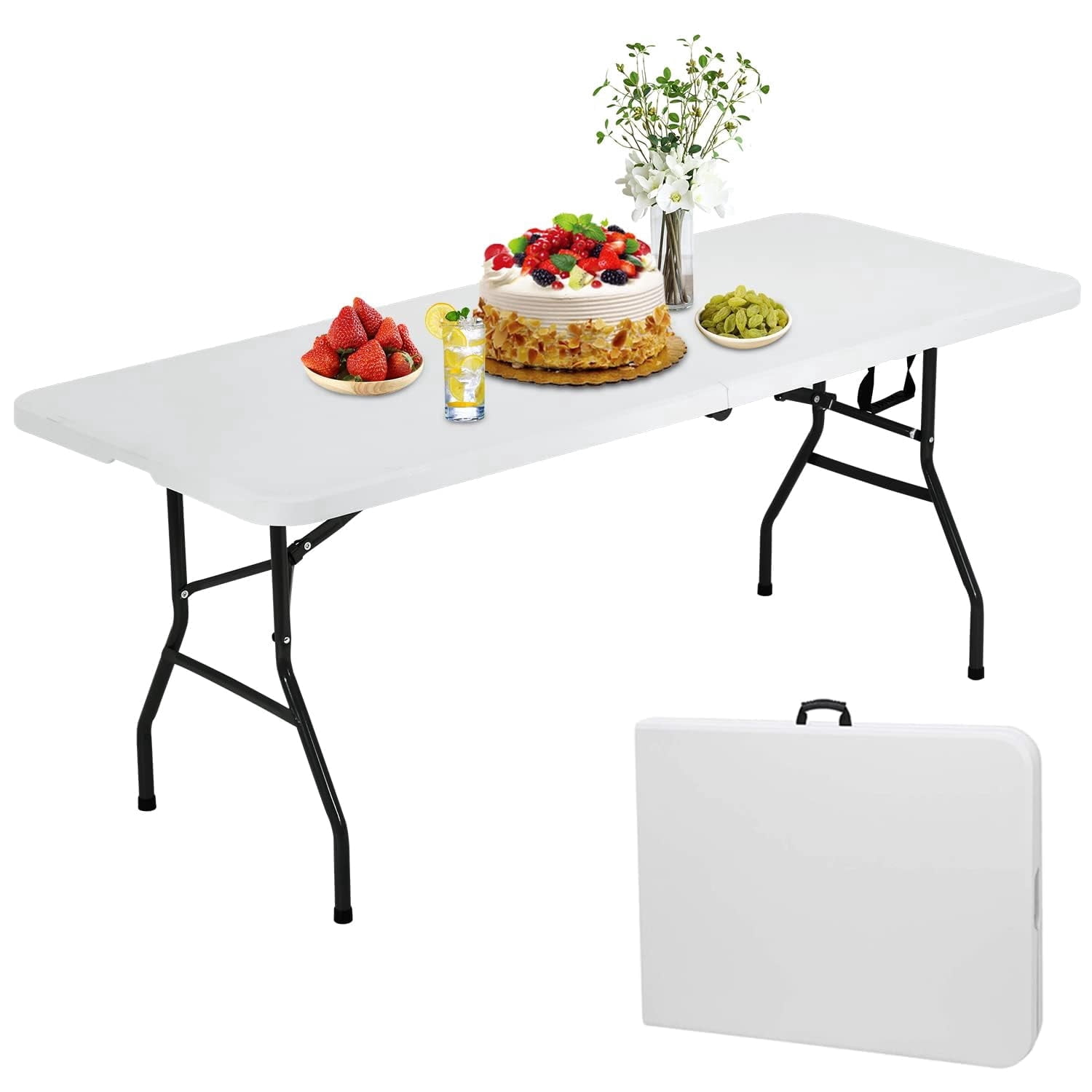 NiamVelo Folding Tables 6ft Folding Table Portable Plastic Indoor Outdoor Camping Dining Table with Carrying Handle, White