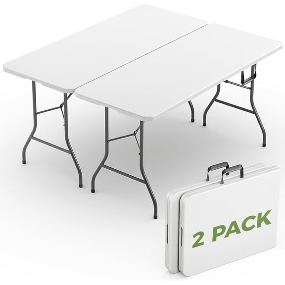 NiamVelo 2 Pack Folding Tables 6ft Folding Table Portable Plastic Indoor Outdoor Camping Dining Table with Carrying Handle, (2 Pack, White)
