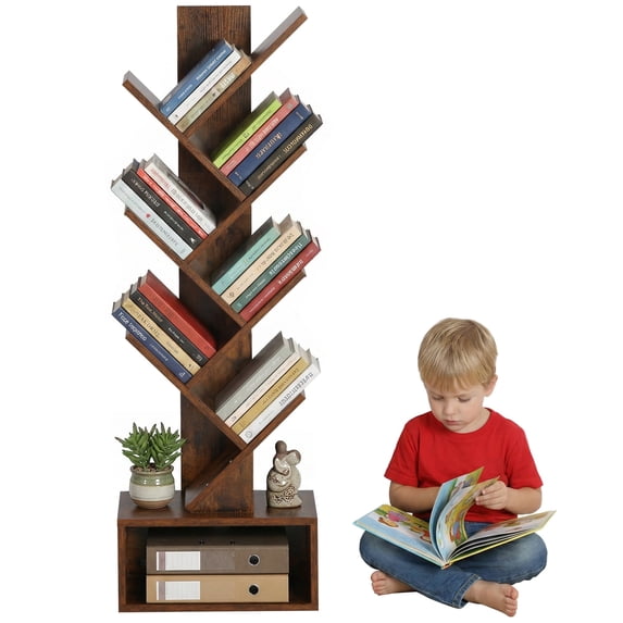 NiamVelo 7 Tier Tree Bookshelf, Floor Standing Bookcase with Storage Cabinet, Tall Narrow Bookshelves Organizer for Bedroom/Living Room/Home Office/Corner, Rustic Brown