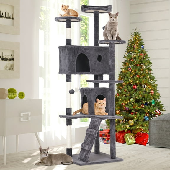 NiamVelo 70-in Cat Tree Tower Furniture Cat Condo with Scratching Post for Indoor Cats, Light Gray