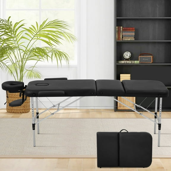 NiamVelo 73 Inch Aluminium Massage Bed Portable Massage Table 3 Fold Height Adjustable Spa Bed w/Carry Case, for Spa Beauty Salon Tattoo Home 450 LBS, Black