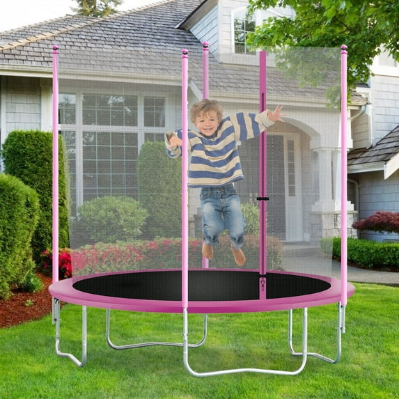NiamVelo 8 ft Trampoline with Safety Enclosure Net ,Outdoor Jump Rectangle Trampoline with PVC Spring Cover Padding for Kids , Pink