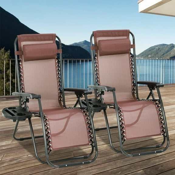NiamVelo Adjustable Zero Gravity Chairs with Pillow and Cup Holder - Set of 2 Brown