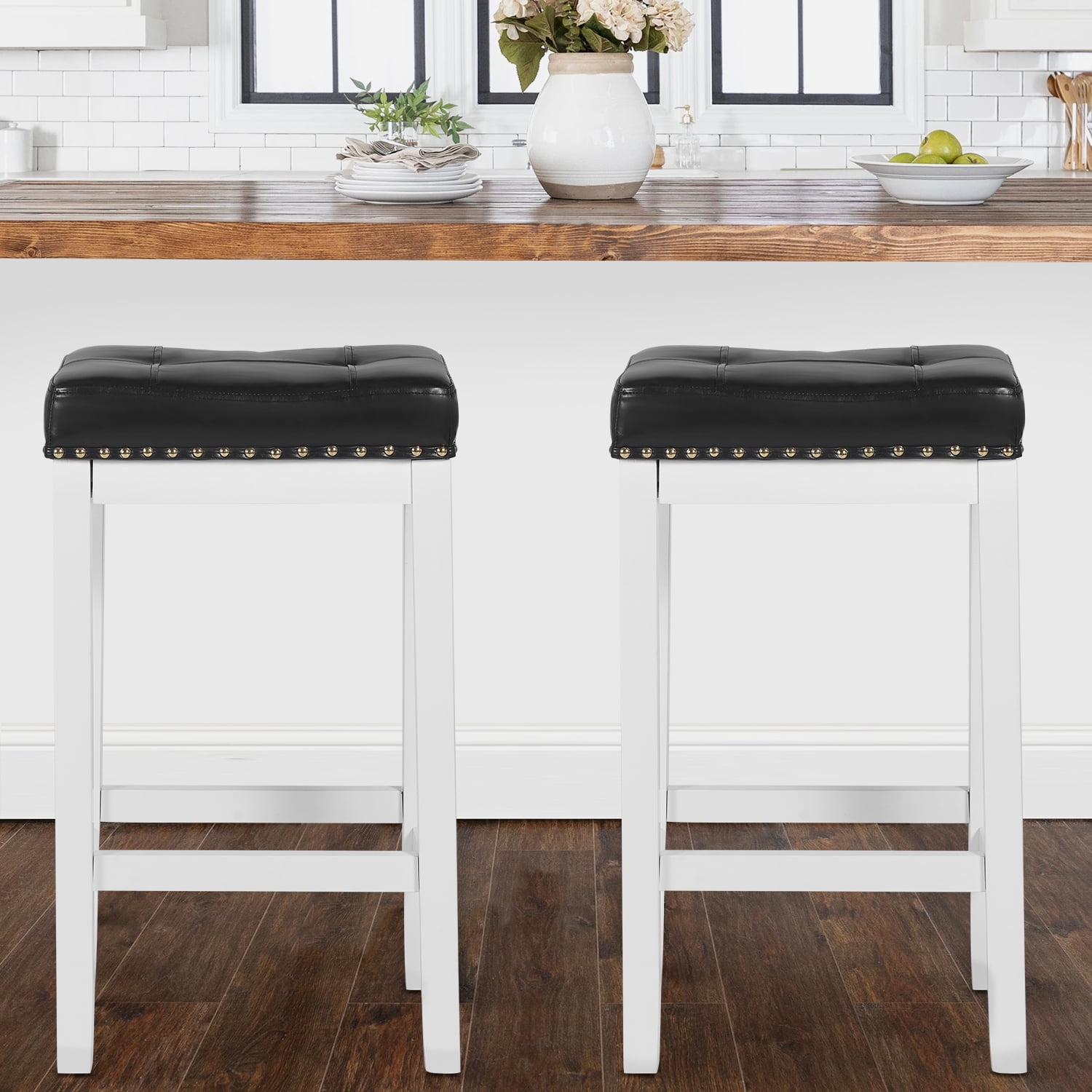 NiamVelo Bar Stool Set of 2, 24" Padded Wooden Saddle Stool PU Leather