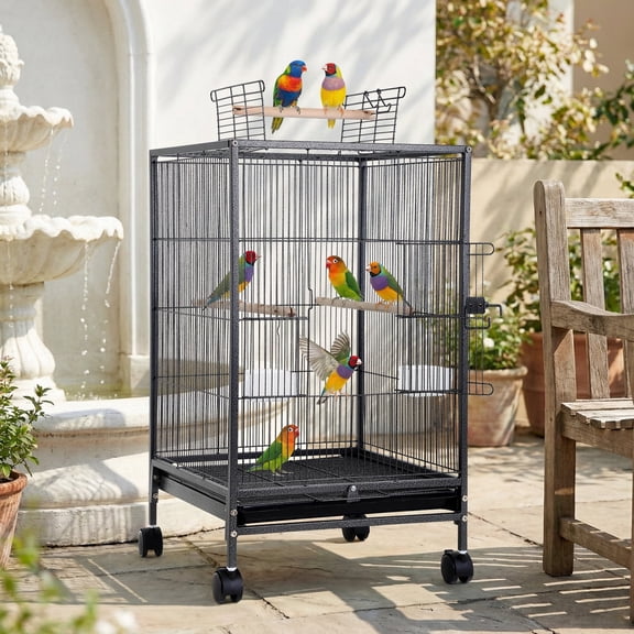 NiamVelo Bird Cage 35 Inch Wrought Iron Flight Birdcages for Cockatiels Parakeets Pigeons Parrot Lovebird with Rolling Stand Bird Playground, Black