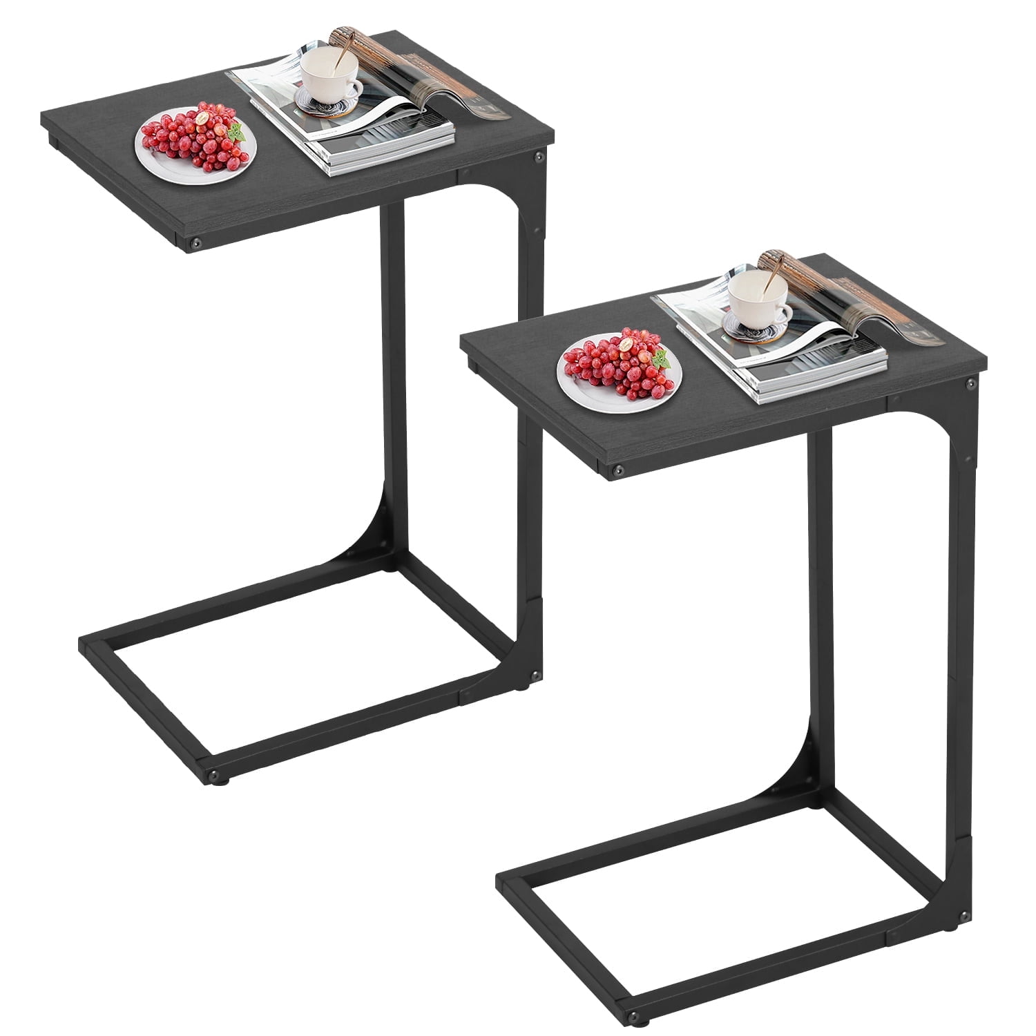 NiamVelo C-Shaped End Table Set of 2 , Small Side Table for Couch, Sofa Table with Metal Frame for Living Room, Bedroom, Bedside （Black）