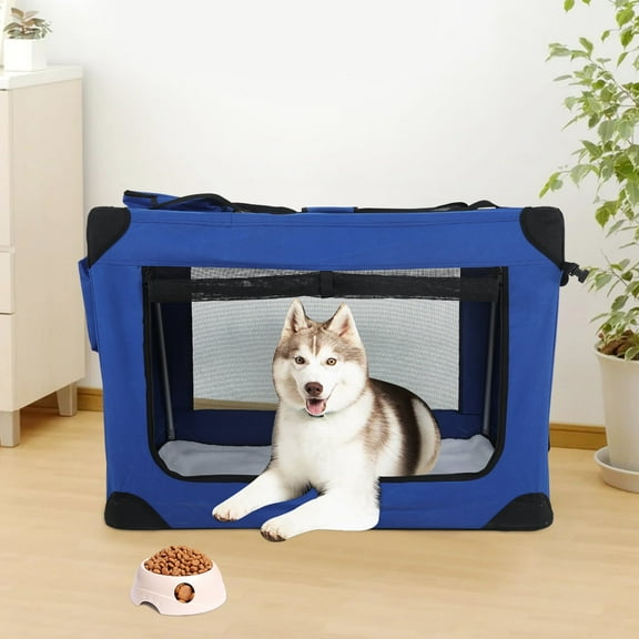 NiamVelo Collapsible Dog Crate 42 Inch Portable Travel Dog Soft Crate for Small Dogs 3-Door Folding Dog Kennel for Indoor and Outdoor, Blue