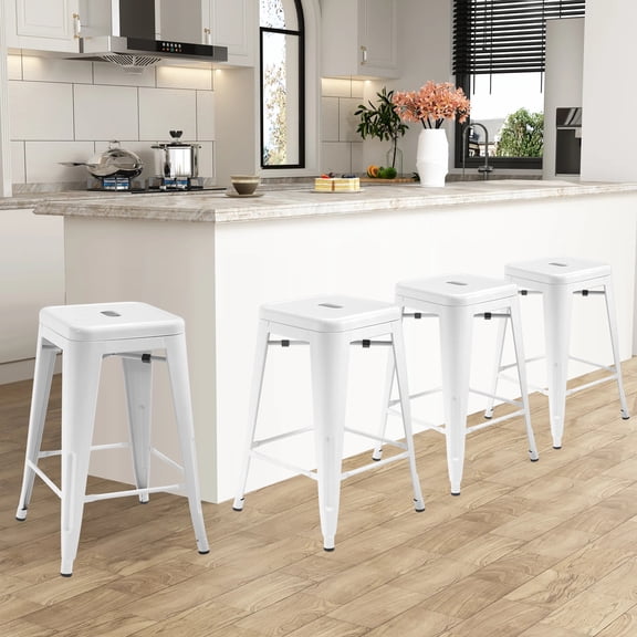 NiamVelo Counter Height Bar Stools Set of 4 Metal Bar Stools 24 inch Stackable Stools Modern Industrial Stools for Kitchen, White