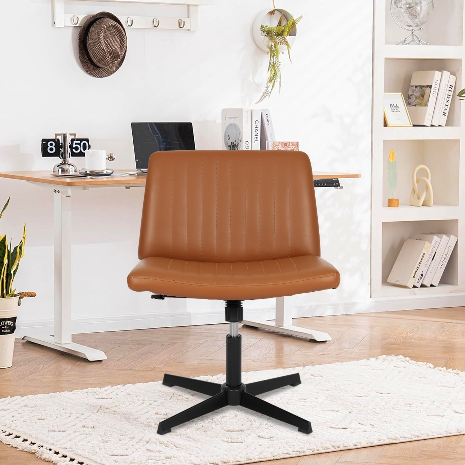 NiamVelo Criss Cross Chair, Armless Cross Legged Desk Chair Wide Seat Computer Task Chair Modern Height Adjustable Mid Back Chair No Wheels （Brown）