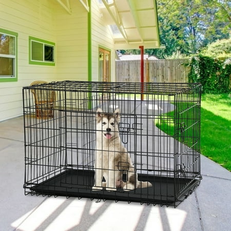 NiamVelo Dog Cage 36'' Metal Dog Crate , Folding Dog Kennel with Plastic Tray & Handle, Pet Crate for Small Medium Dogs, Black