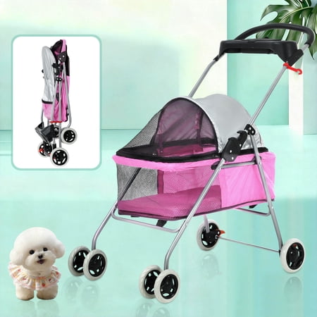 NiamVelo Dog Stroller Folding Pet Stroller Cat Stroller with 4 Wheels Portable Doggy Stroller with Cup Holders, Pink