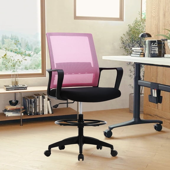 NiamVelo Drafting Chair Tall Office Chair Adjustable Computer Chair with Lumbar Support Arms Footrest Task Desk Chair Swivel Rolling Mesh (Pink)