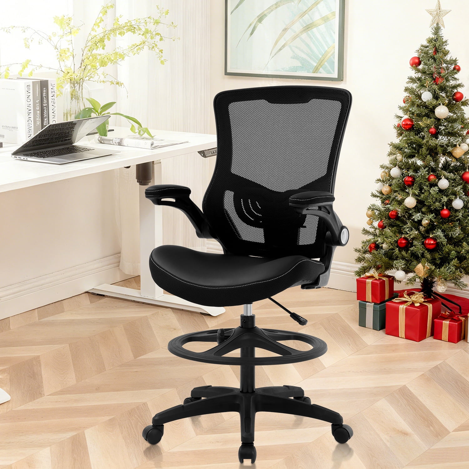 NiamVelo Drafting Chair  Tall Office Chair with Lumbar Support Footrest Ring Flip up Arms for Standing Desk, Swivel Rolling Mesh Chair Height Adjustable  Desk  Chair, Black