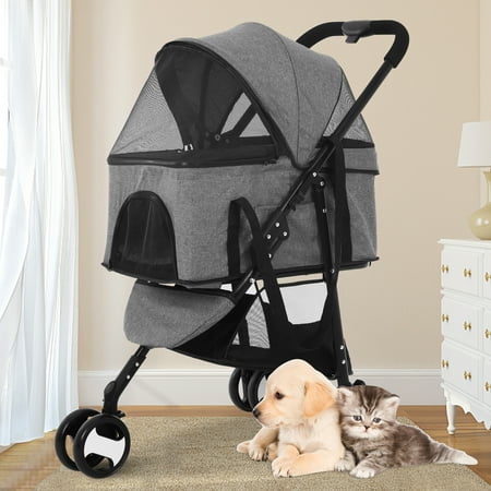 NiamVelo Folding Dog Stroller 3 Wheels Pet Stroller with Detachable Carrier Storage Basket for Small Medium Dogs & Cats, 3 in 1 Lightweight Puppy Stroller, Gray