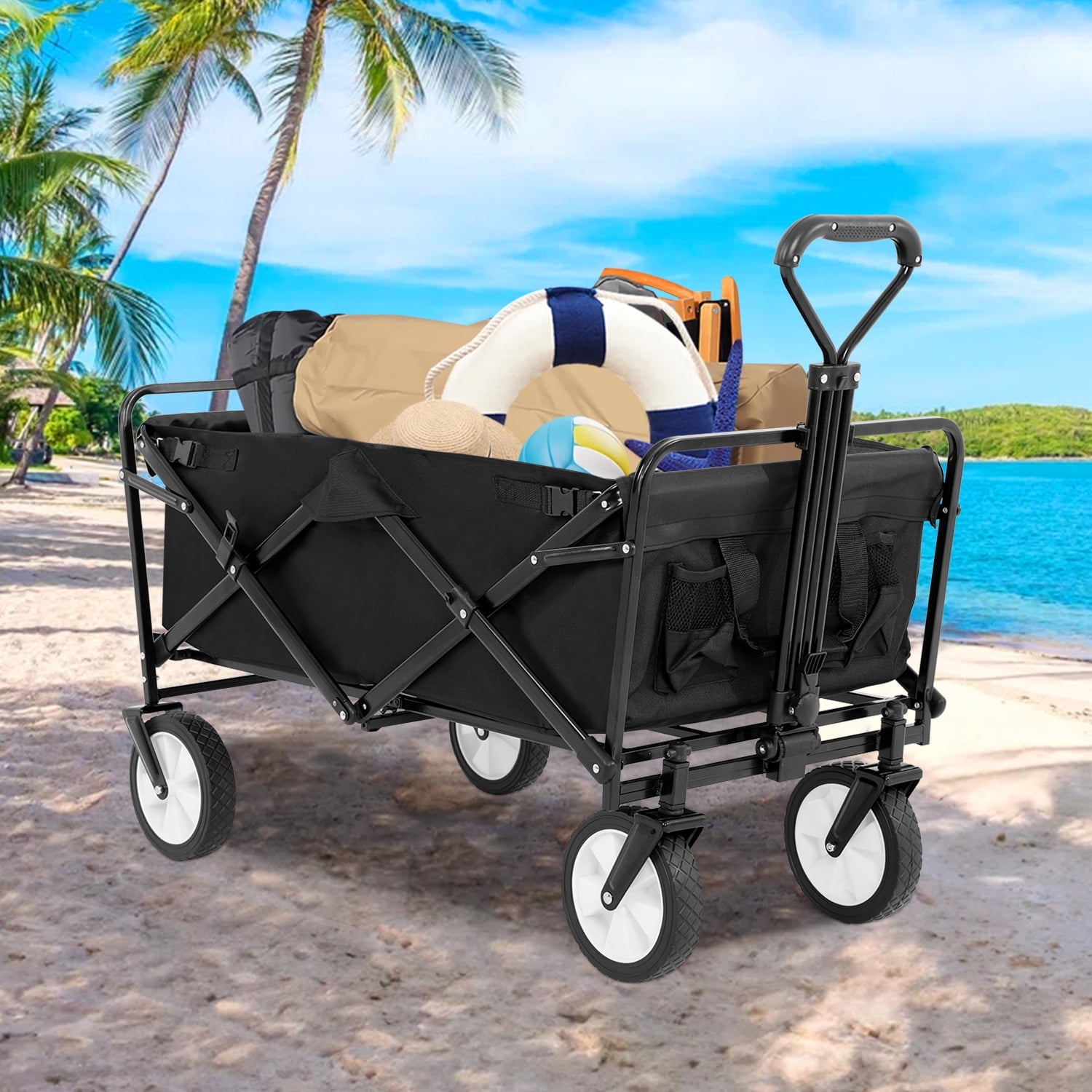 Foldable Wagon Cart - 330lb Capacity, Lightweight Collapsible Utility Cart With Drink Holders For Camping, Groceries, Beach