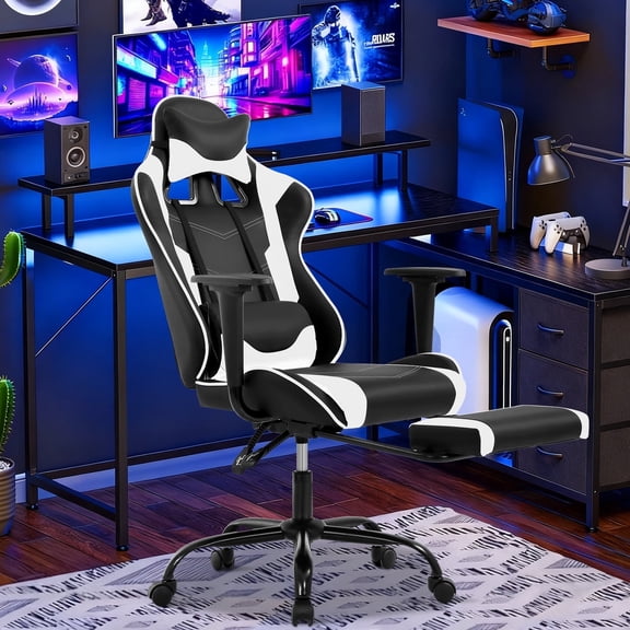 NiamVelo Gaming Chair with Footrest, Racing Style Gamer Chair for Adults&Teen, High Back Reclining Game Chair with Headrest and Lumbar Support, Computer Chair Desk Chair 250lb Capacity （White）