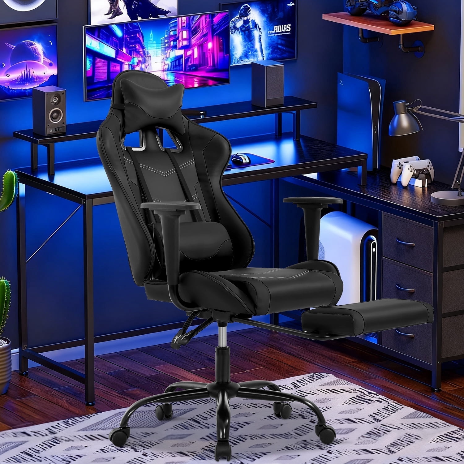 NiamVelo Gaming Chair with Footrest, Racing Style Gamer Chair for Adults&Teen, High Back Reclining Game Chair with Headrest and Lumbar Support, Computer Chair Desk Chair 250lb Capacity （Black）