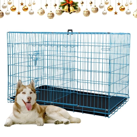 NiamVelo Heavy Duty Dog Crate Dog Cage 42'' Extra Large Dog Crate Kennel for Large Dogs, Folding Metal Dog Crate W/Divider & Tray Double Doors , Blue