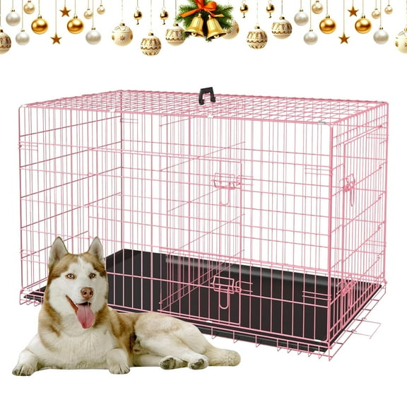 NiamVelo Heavy Duty Dog Crate Dog Cage 42'' Extra Large Dog Crate Kennel for Large Dogs, Folding Metal Dog Crate W/Divider & Tray Double Doors , Pink