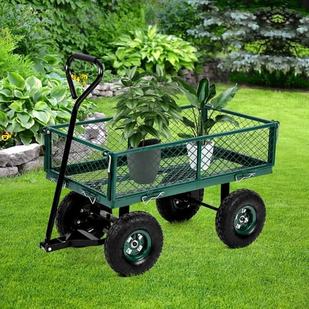 NiamVelo Heavy-Duty Steel Garden Cart Fold Wagon Cart Utility Yard Dump Cart with Removable Sides and 10" Pneumatic Tires, Green