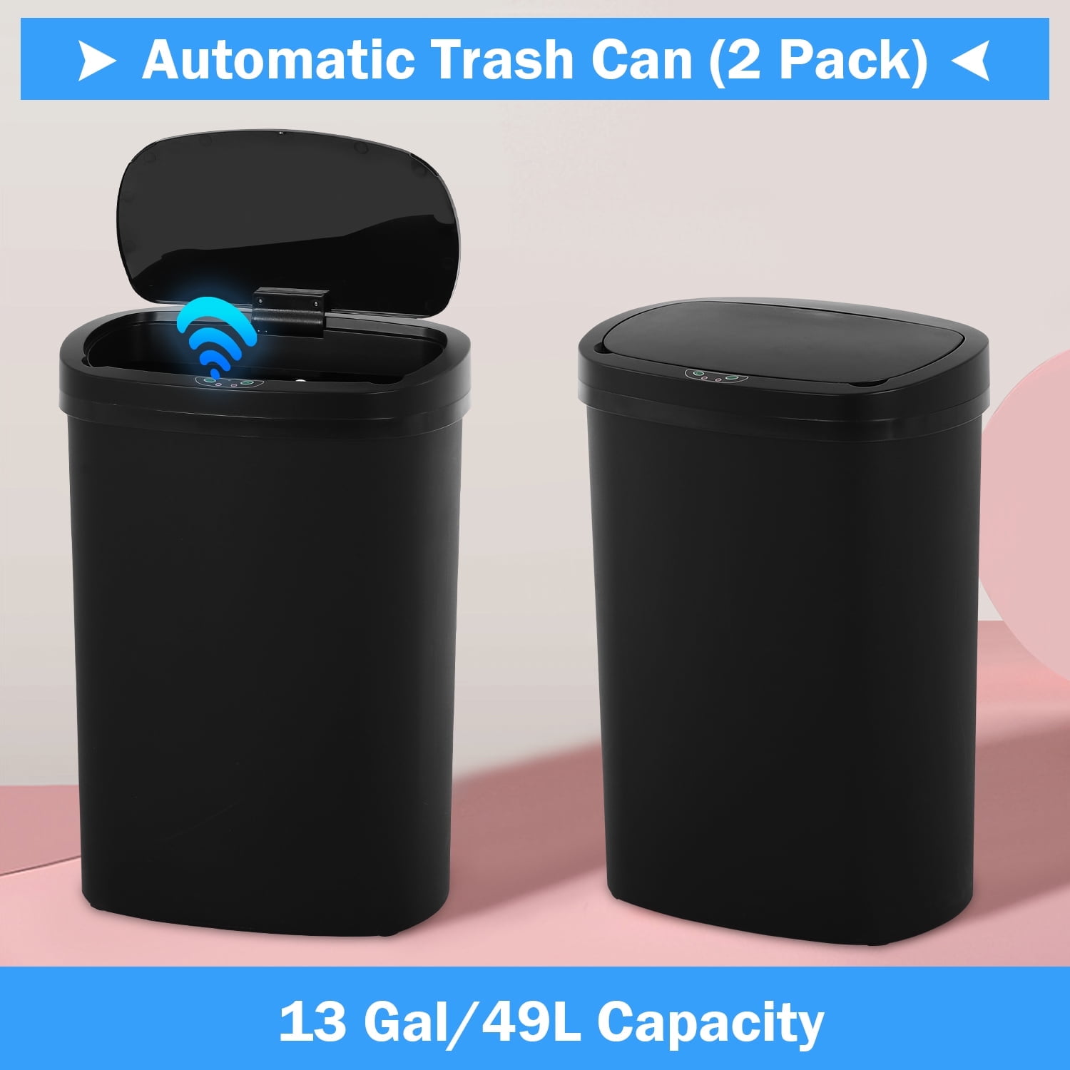 NiamVelo Kitchen Trash Can with Lid, 13 Gallon Garbage Can Automatic Trash Can for Bedroom Bathroom Home Office, Black （2 Pack）