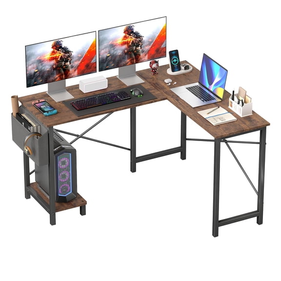 NiamVelo L-Shaped Desk 50 In Computer Desk Gaming Desk with Side Storage Bag & CPU Stand Wooden Corner Desk Work Desk for Home Office , Brown