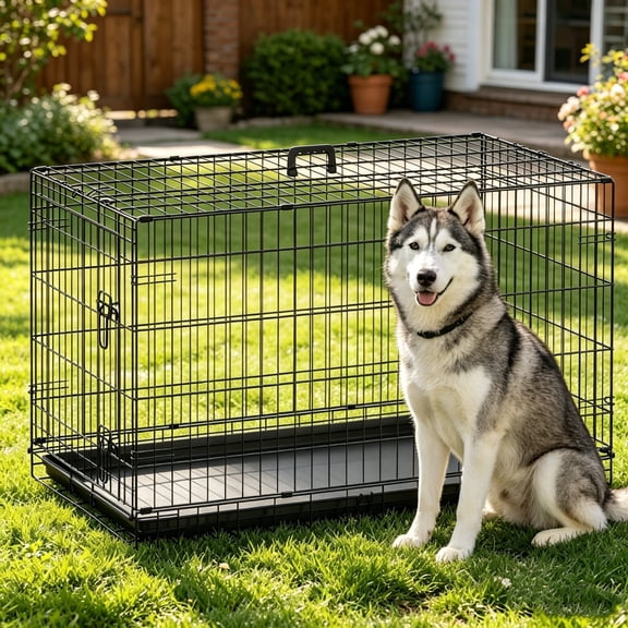 NiamVelo Large Dog Crate 42 In Dog Cage Folding  Dog Kennel for Large Dogs ,  Pet Cage with Leakproof Tray with Single Door, Dog Crates and Kennels for Indoor&Outdoor Use