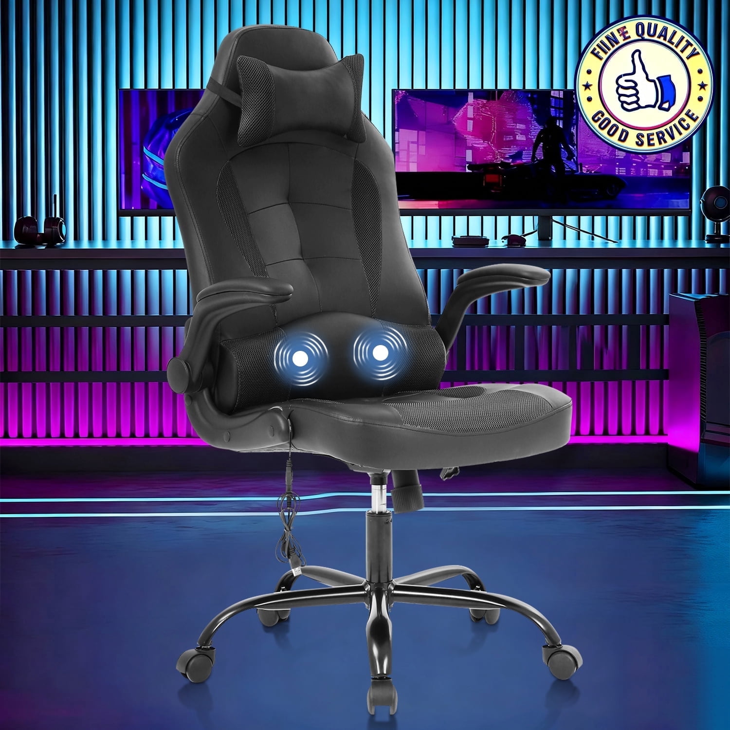 NiamVelo Massage Gaming Chair Video Gamer Chair PU Leather Computer Chairs Desk Chair w/Adjustable Headrest and Armrest,Ergonomic Office Chair High Back Racing Game Chair, 250lbs （Black）