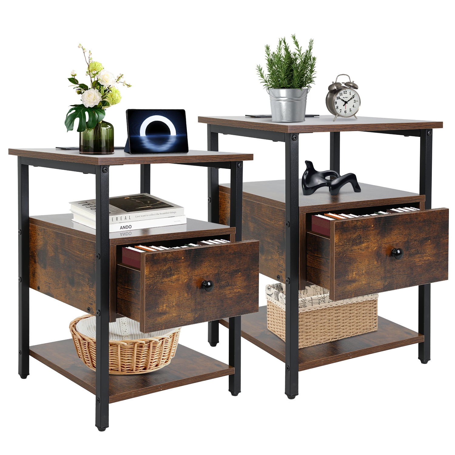 Brown Particle Board and Iron 2-Drawer Nightstand Set with Charging Station