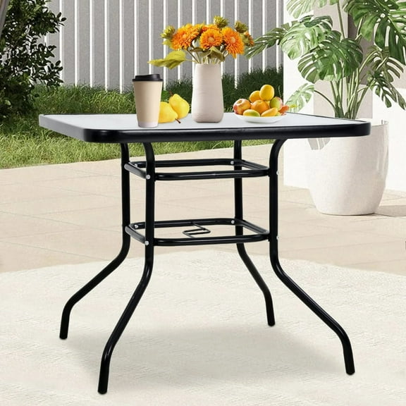 NiamVelo Outdoor Patio Table with Umbrella Hole 32" Tempered Glass Top Metal Steel Frame Square Patio Table Dining Table, All-Weather Furniture,Black