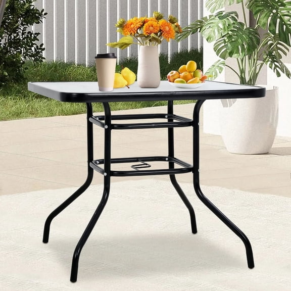 NiamVelo Outdoor Patio Table with Umbrella Hole 32" Tempered Glass Top Metal Steel Frame Square Patio Table Dining Table, All-Weather Furniture,Black