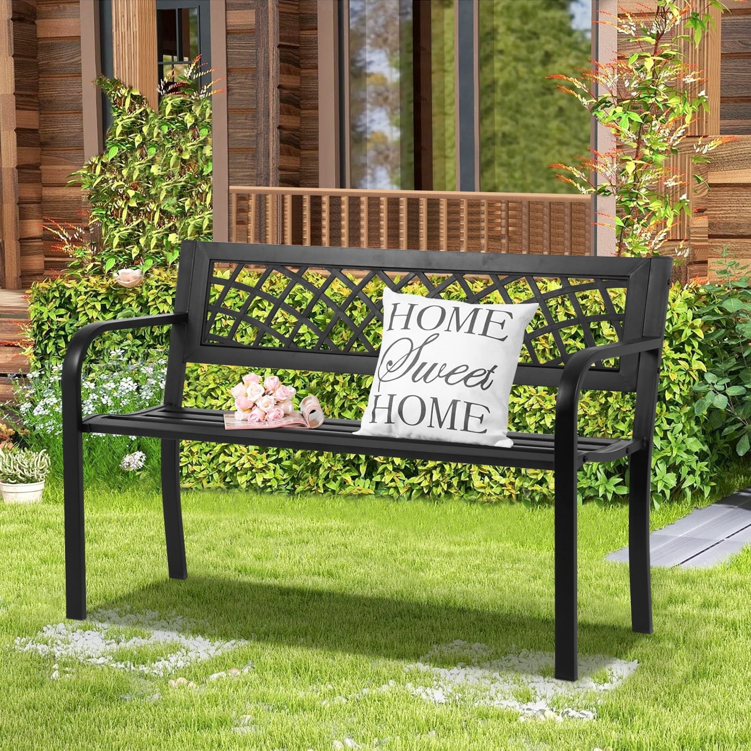 NiamVelo Patio Park Garden Bench, Metal Outdoor Seating, Black
