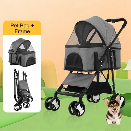 NiamVelo Pet Stroller, Dog Cat Stroller 3-in-1 Detachable Doggy Stroller for Small Medium Dogs 4 Wheel Dog Travel Cart Cat Walker Foldable Wagons for Doggy Rabbit Puppy, Grey