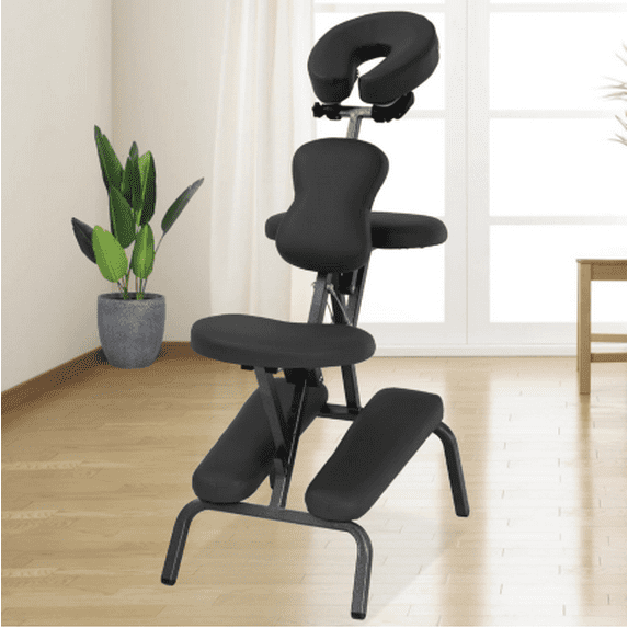 NiamVelo Portable Massage Chair, Black PU Leather & Metal, 18" x 29" x 45"-50", 250 lbs