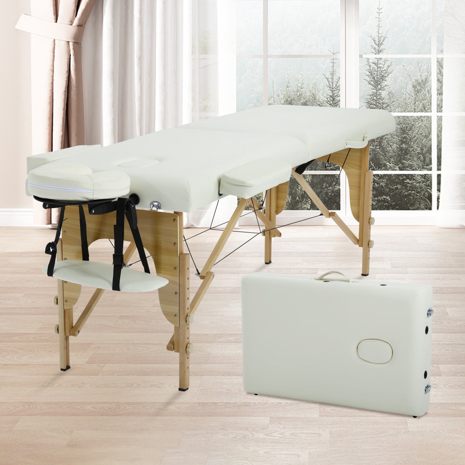 NiamVelo Professional Massage Table Portable Folding Massage Bed 73 inch 2 Fold Height Adjustable Spa Bed W/Carry Case, Cream