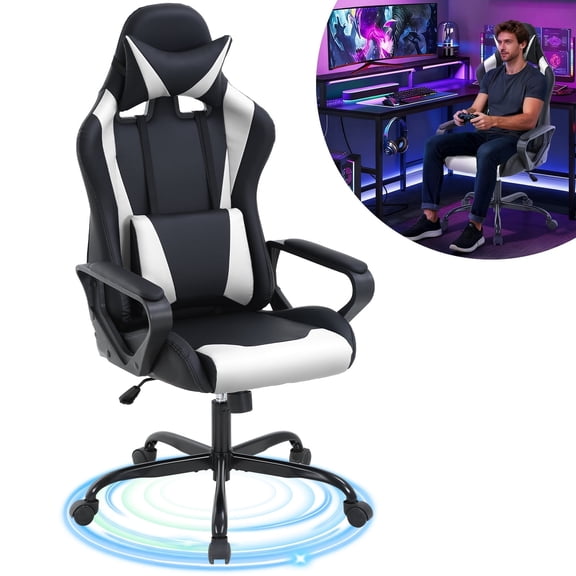NiamVelo Racing Gaming Chair High-Back Office Chair Pu Leather Gamer Chair Ergonomic Computer Chair with Adjustable Lumbar Support & Headrest for Teens& Adults, White